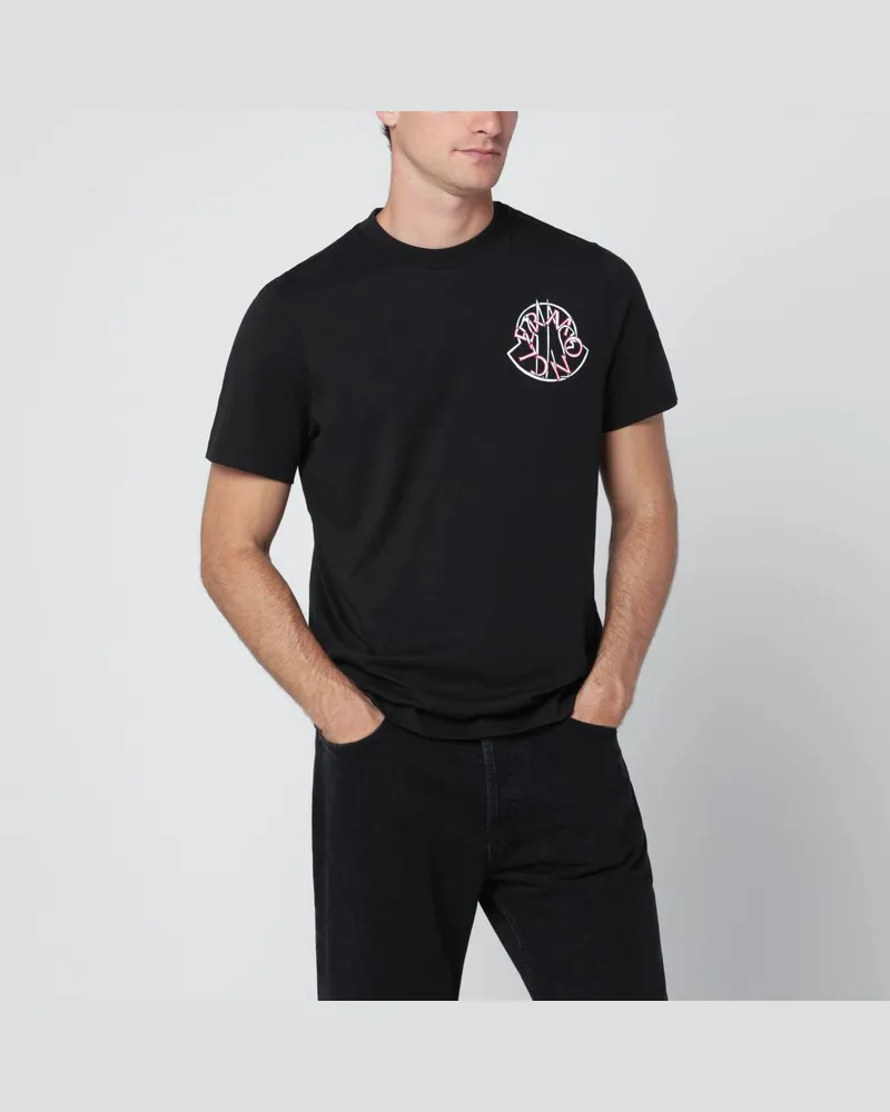 Moncler Schwarzes Rundhals-T-Shirt mit Logodruck Schwarz