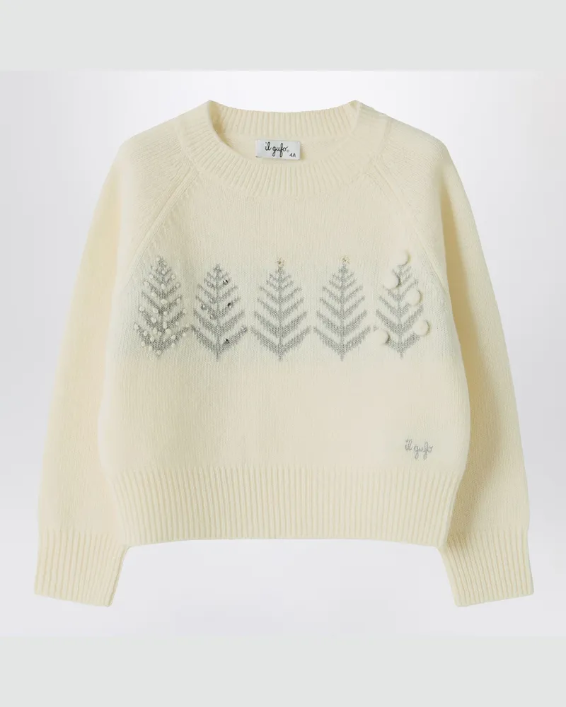 Il Gufo Elfenbeinfarbener Wollpullover mit Stickereien und Strass White