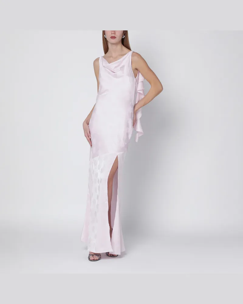 ROTATE Birger Christensen Langes rosa Satin-Jacquard-Kleid mit Rüschen 