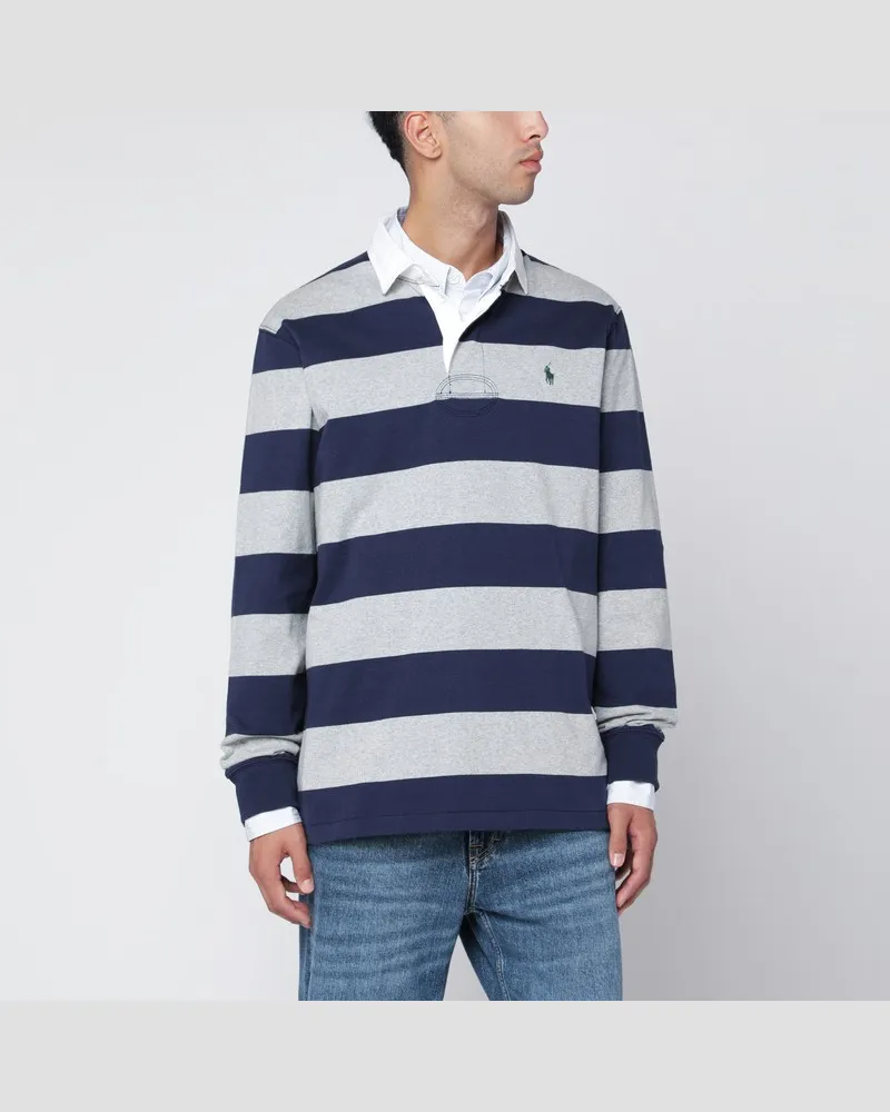 Ralph Lauren Marineblau-grau gestreiftes Classic Fit Poloshirt Blau
