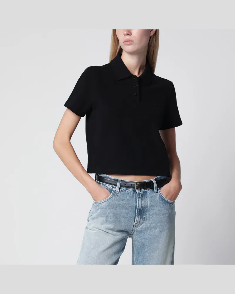 Saint Laurent Kurzes Poloshirt aus schwarzem Baumwollpiqué Black
