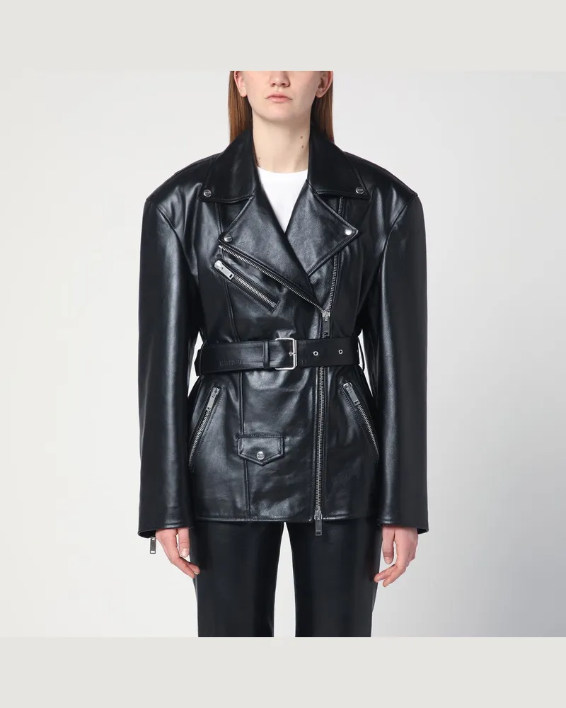 HALFBOY Schwarze Jacke aus Leder mit Gürtel Schwarz