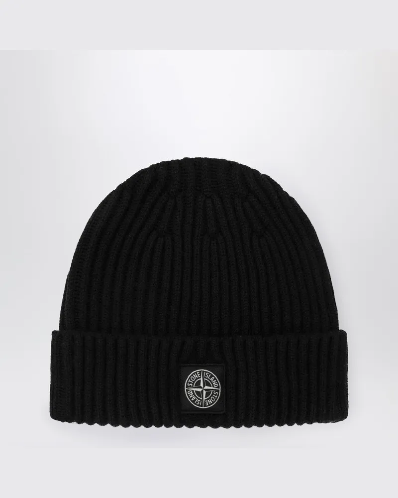 Stone Island Schwarze Wollmütze Schwarz