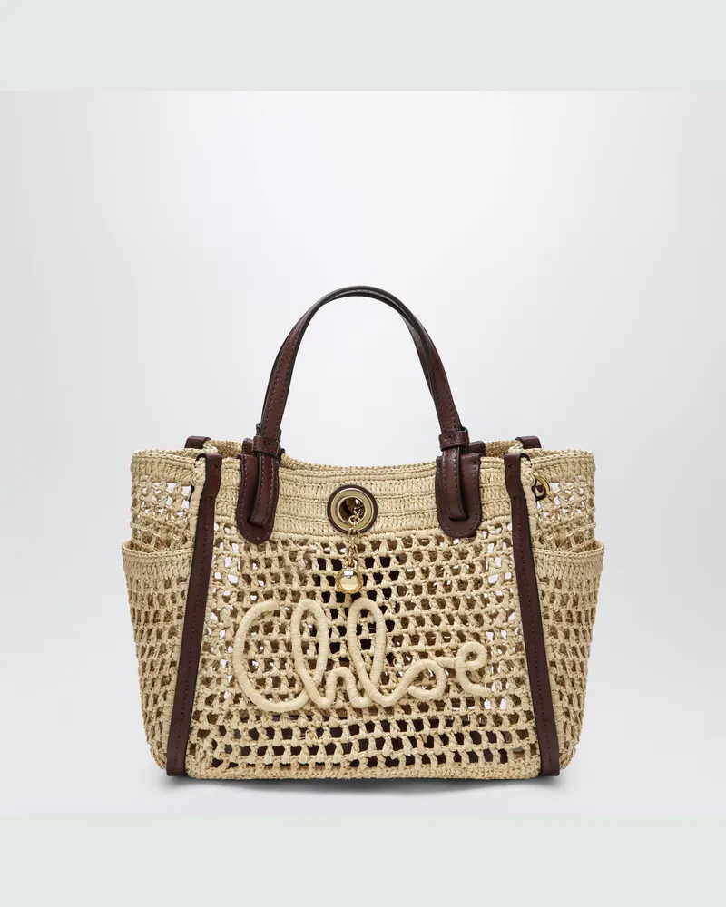 Chloé Iconic Tote-Bag aus Raffia mit Lederbesatz in Hot Sand Beige