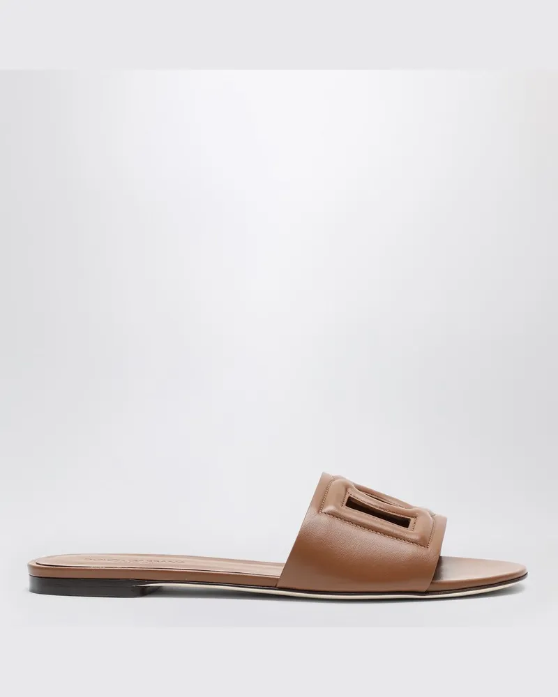 Dolce & Gabbana Braune Lederslides mit DG-Logo Beige