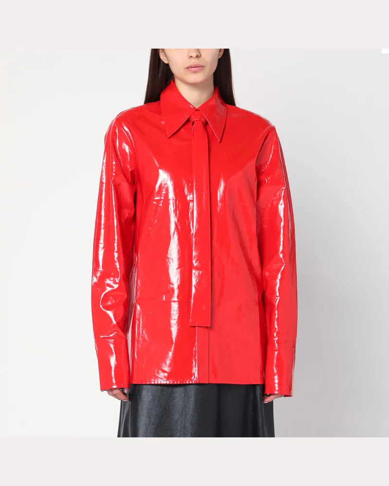Jil Sander Glänzendes Leinenhemd mit roter Krawatte Red