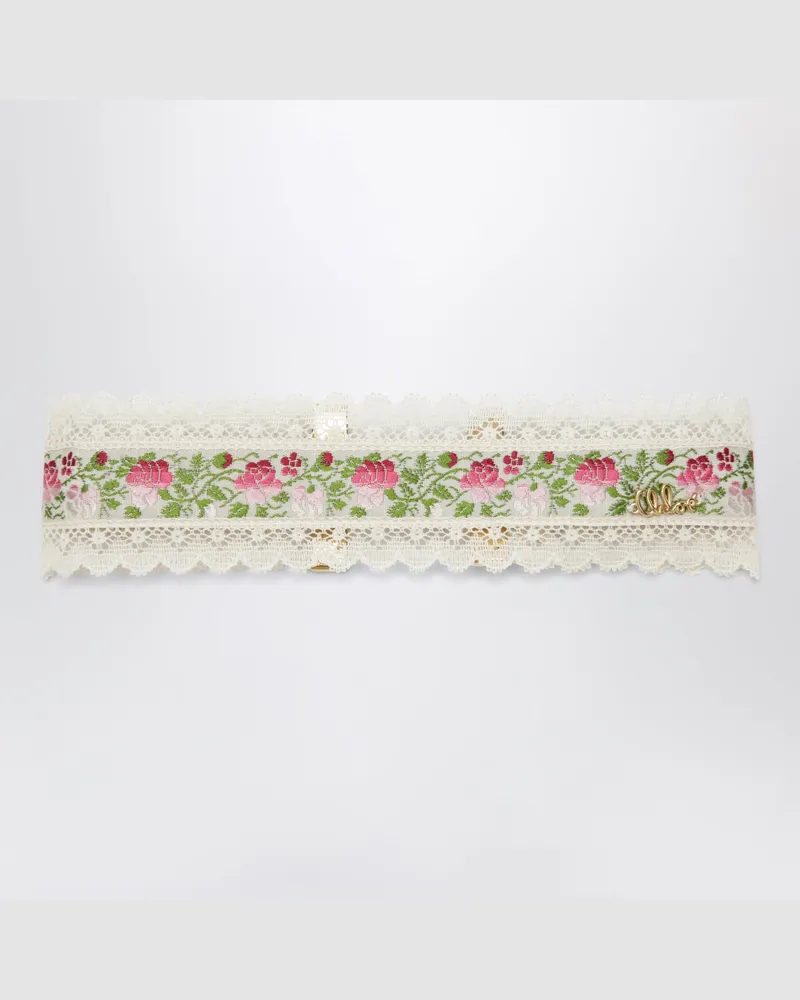 Chloé Choker-Halskette aus Spitze und Jacquardband mit Blumenmuster Pink