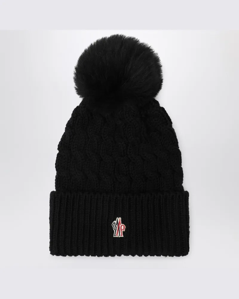 Moncler Schwarze Wollmütze mit Pompon Schwarz