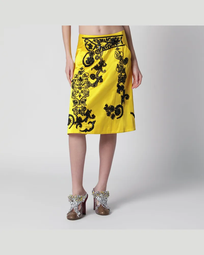 Dries van Noten Gelber Rock mit schwarzen Paillettenstickereien Yellow
