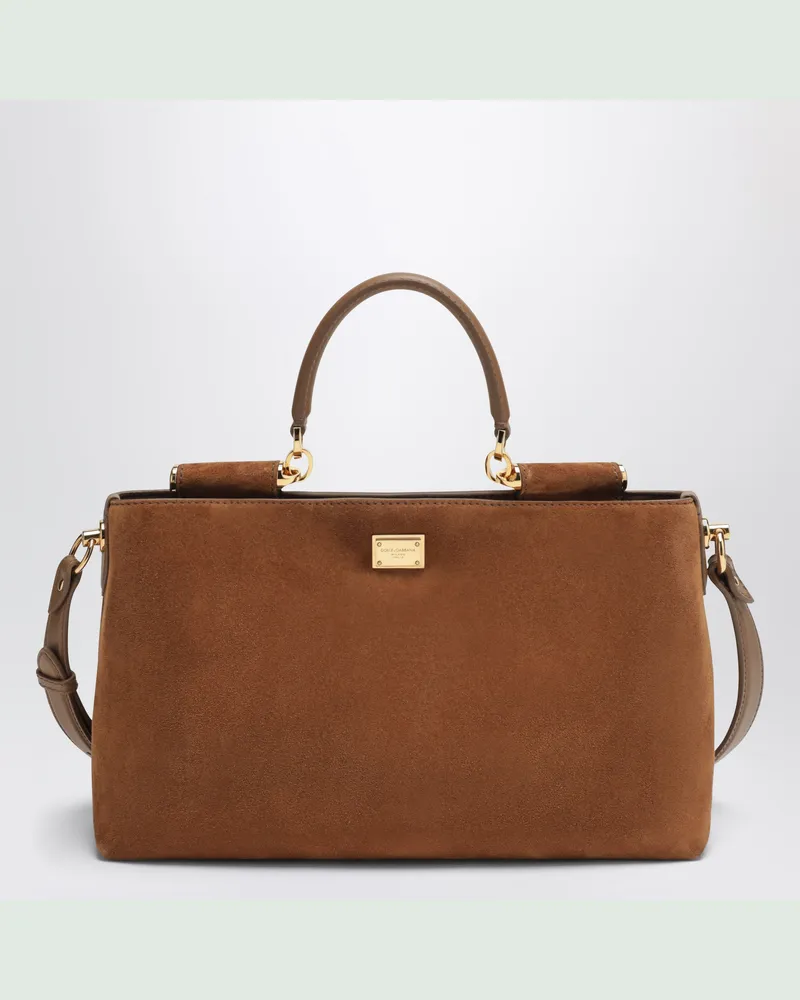 Dolce & Gabbana Mittelgroße Vittoria-Tasche aus Veloursleder in Camel Brown