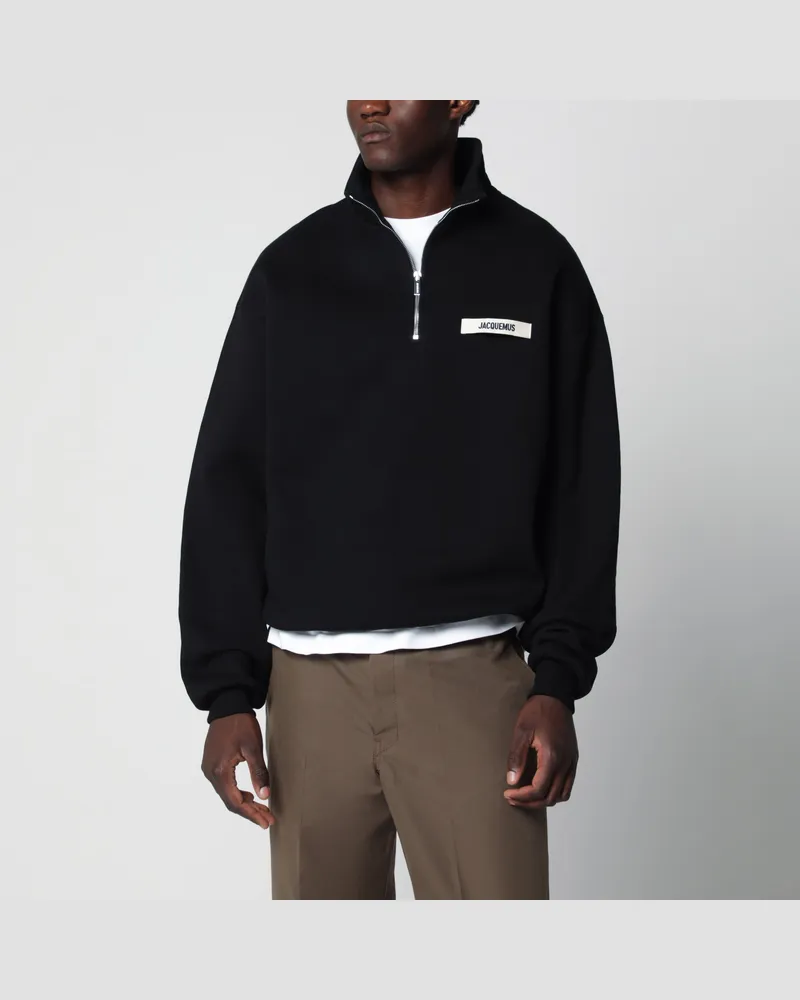 Jacquemus Schwarzes Sweatshirt mit Reißverschlusskragen und Grosgrain-Logo Black