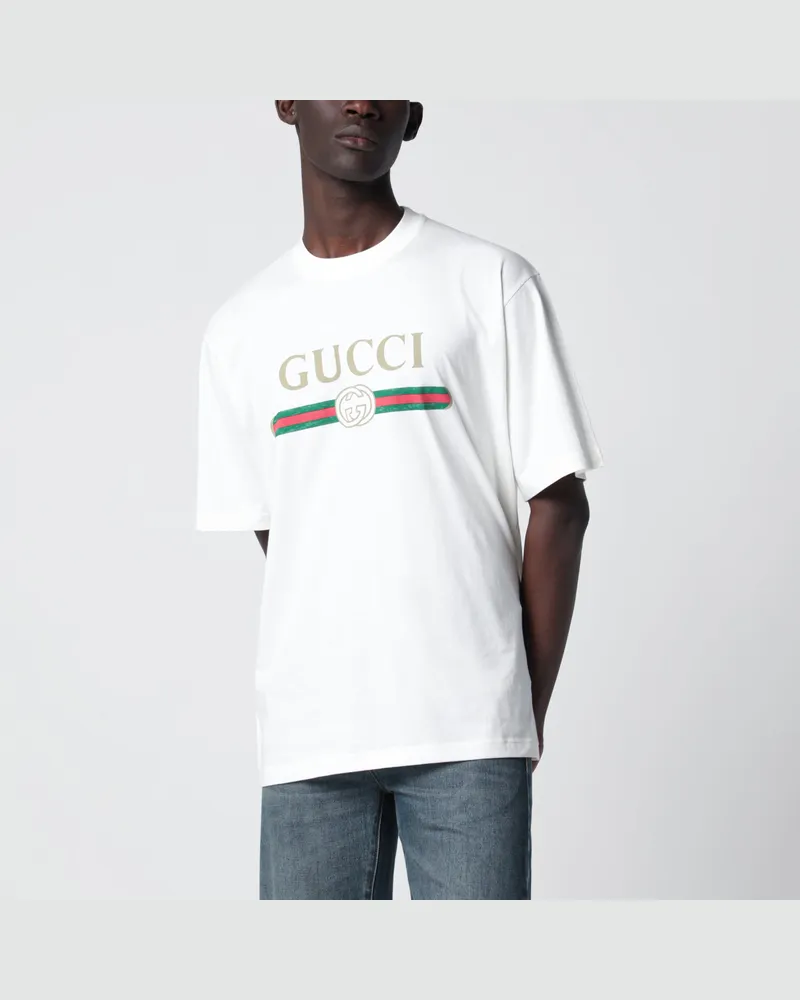 Gucci Weißes Seidenmisch-T-Shirt Mit Logo-Print White