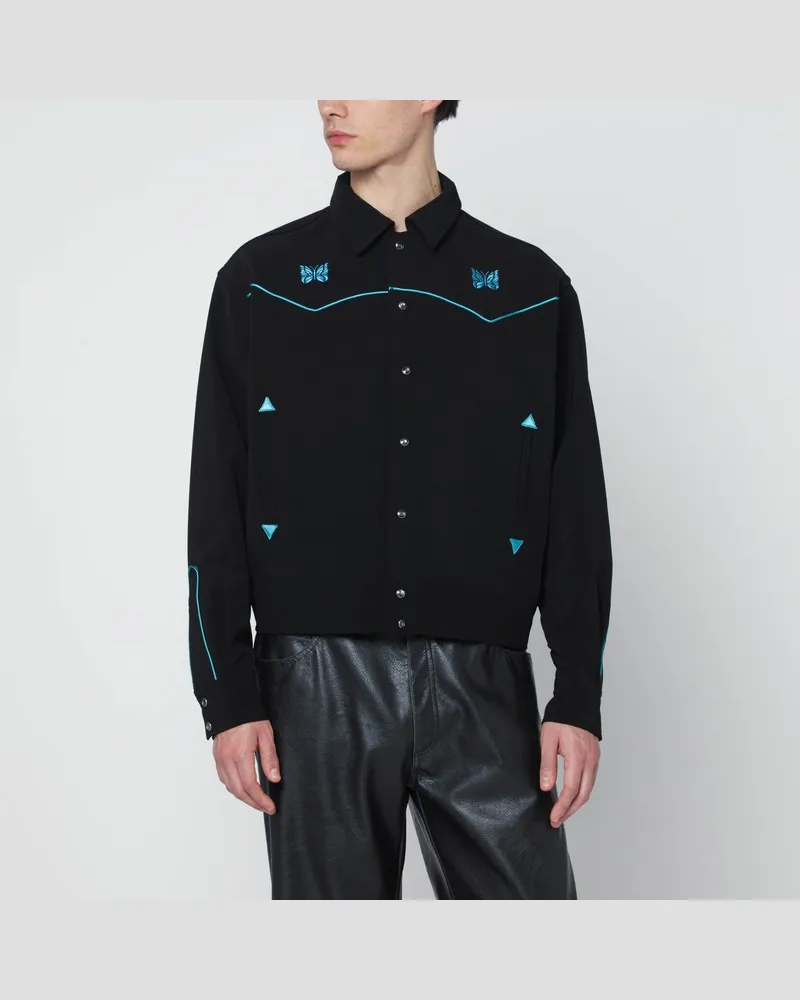 NEEDLES Schwarzes Hemd mit hellblauer Stickerei Schwarz