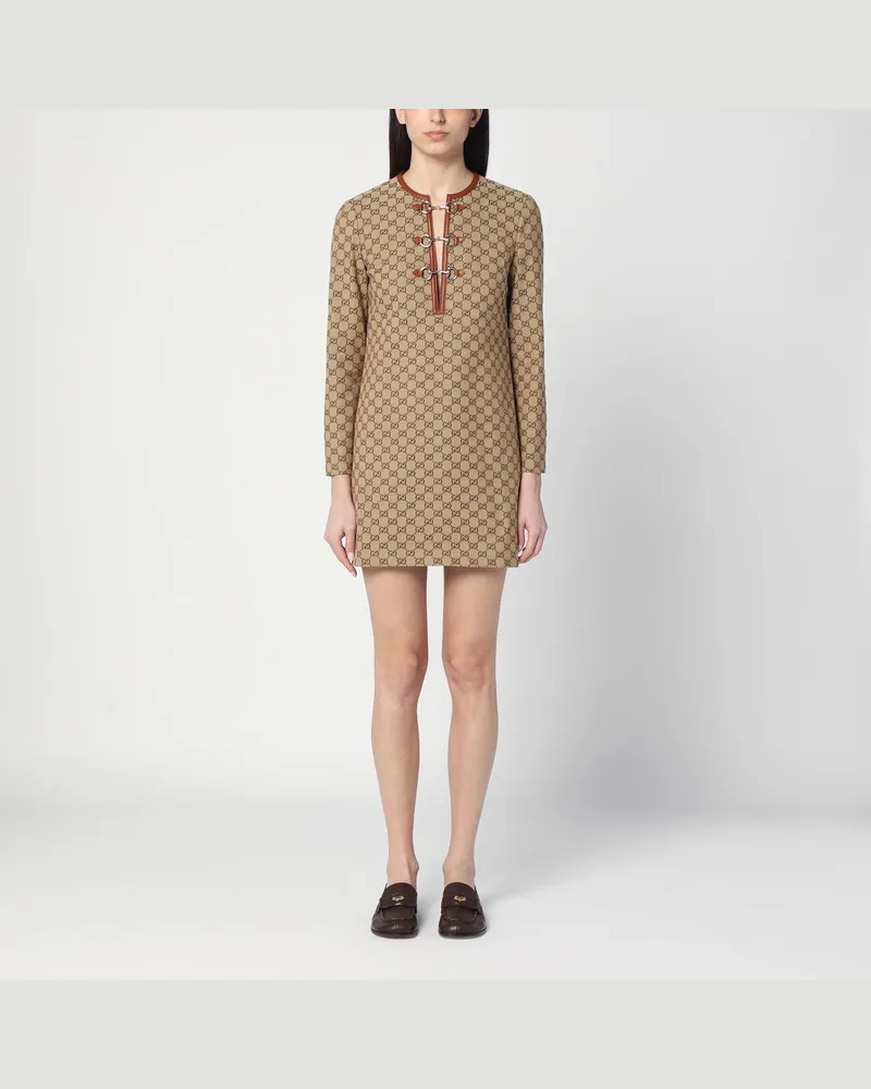 Gucci Beiges Kleid aus GG-Gewebe mit Trensenspange Brown