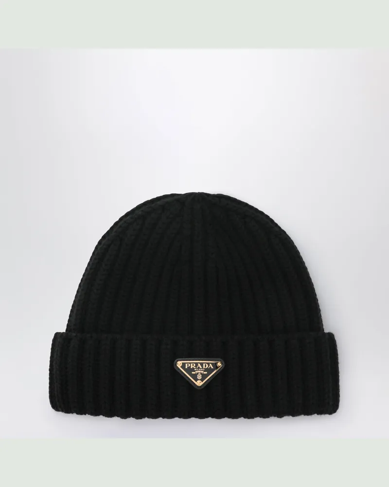 Prada Schwarze Wollmütze mit Logo-Dreieck Black