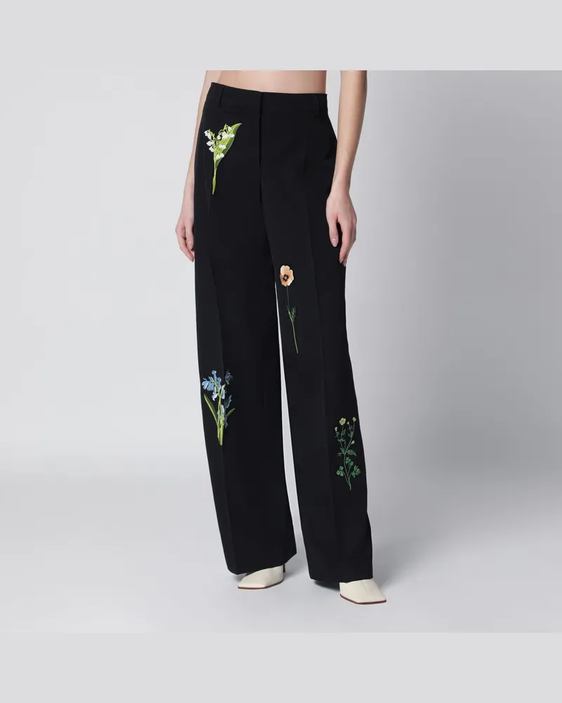Stella McCartney Schwarze Wollhose mit Blumenstickerei Black