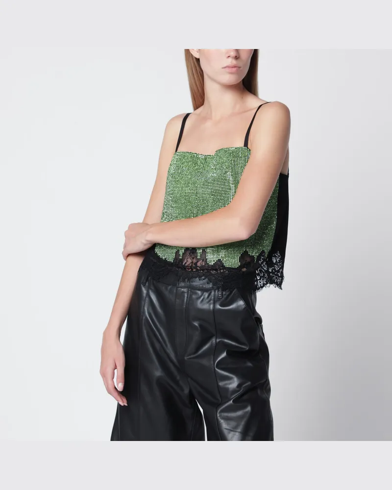Self-Portrait Kristallbesetztes Metallic-Top mit Spitze in Grün Green