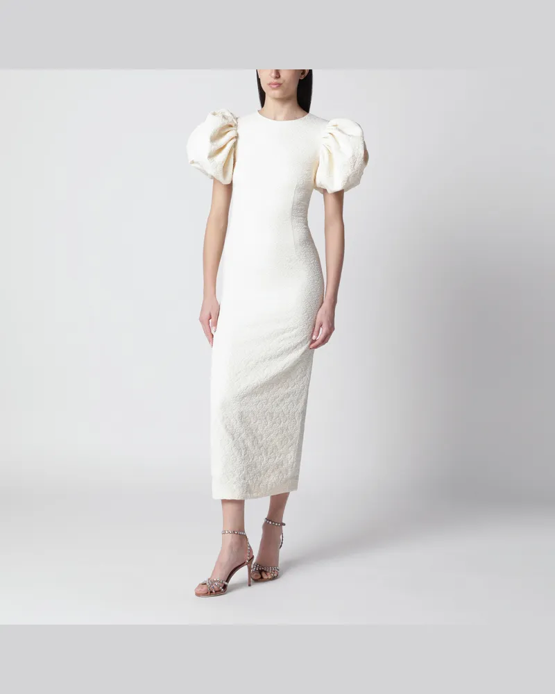 ROTATE Birger Christensen Midikleid in Ballonform mit floralem Jacquard und Puffärmeln in Weiß White
