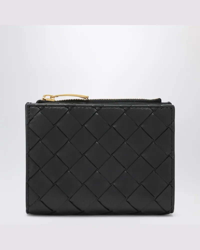 Bottega Veneta Kleines schwarzes Bi-Fold-Portemonnaie aus Intrecciato 
