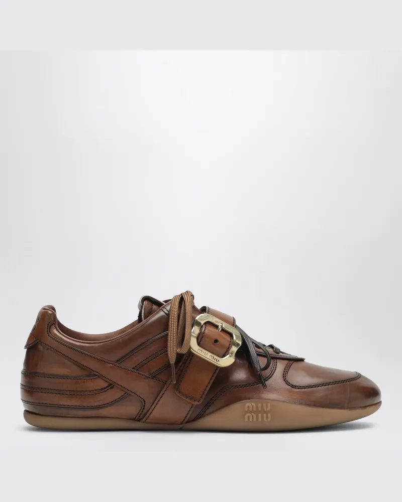 Miu Miu Cognacfarbene Ledersneaker mit Schnalle Braun