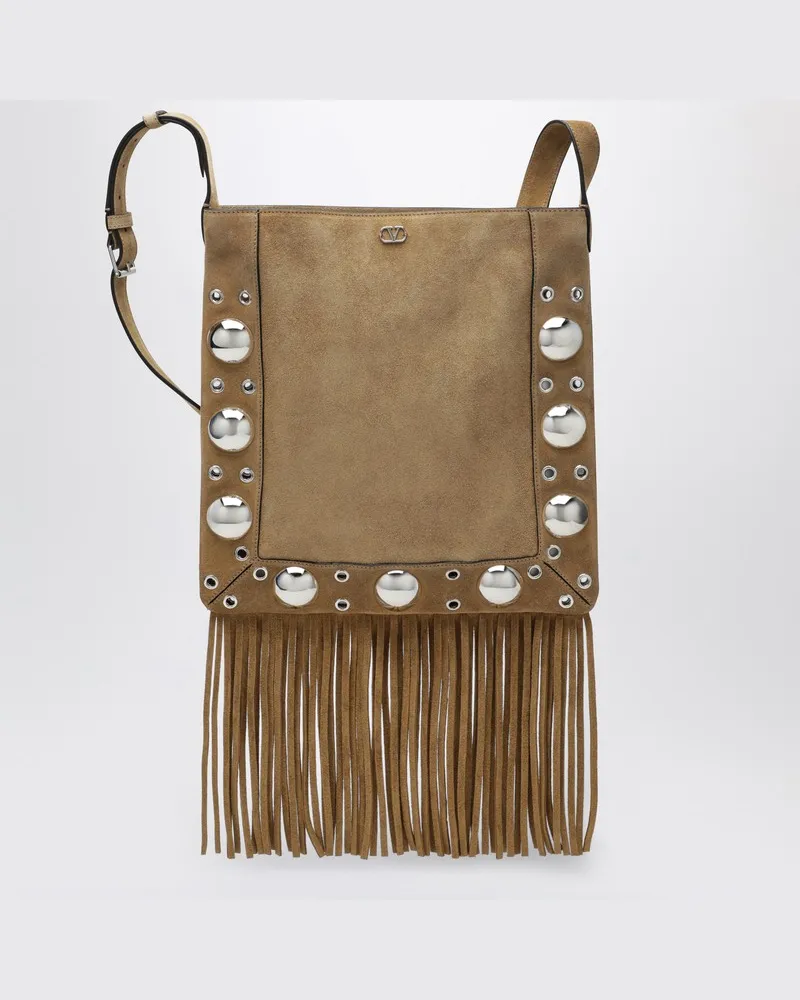 Valentino Garavani Beigefarbene Tasche Nellcôte aus Wildleder mit Fransen Braun