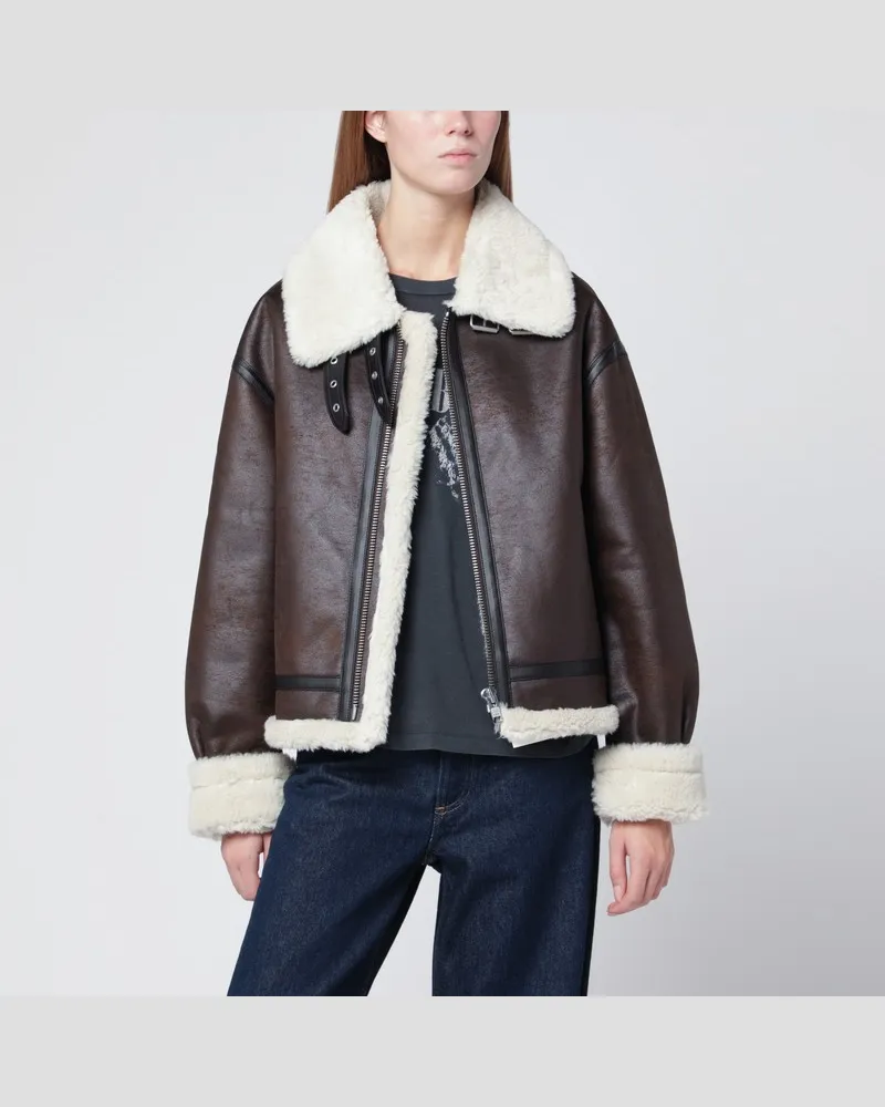 Dunst Brauner Kunstledermantel mit Shearling-Effekt Braun