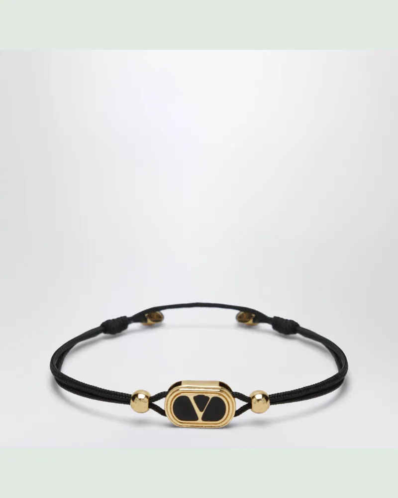 Valentino Garavani Schwarzes Kordelarmband mit goldfarbenem V-Email Black