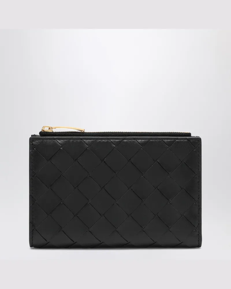 Bottega Veneta Mittelgroße schwarze Bi-Fold-Geldbörse in Intrecciato Black