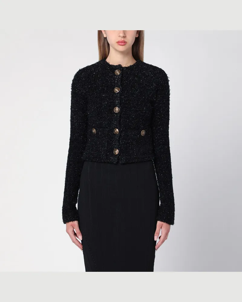 Balenciaga Schwarze Cropped Strickjacke aus Baumwoll-Tweed-Mischung Black