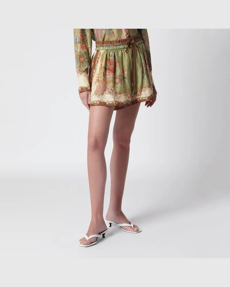Zimmermann Indra Relaxed Shorts aus floraler Seide in Khaki Multicolor