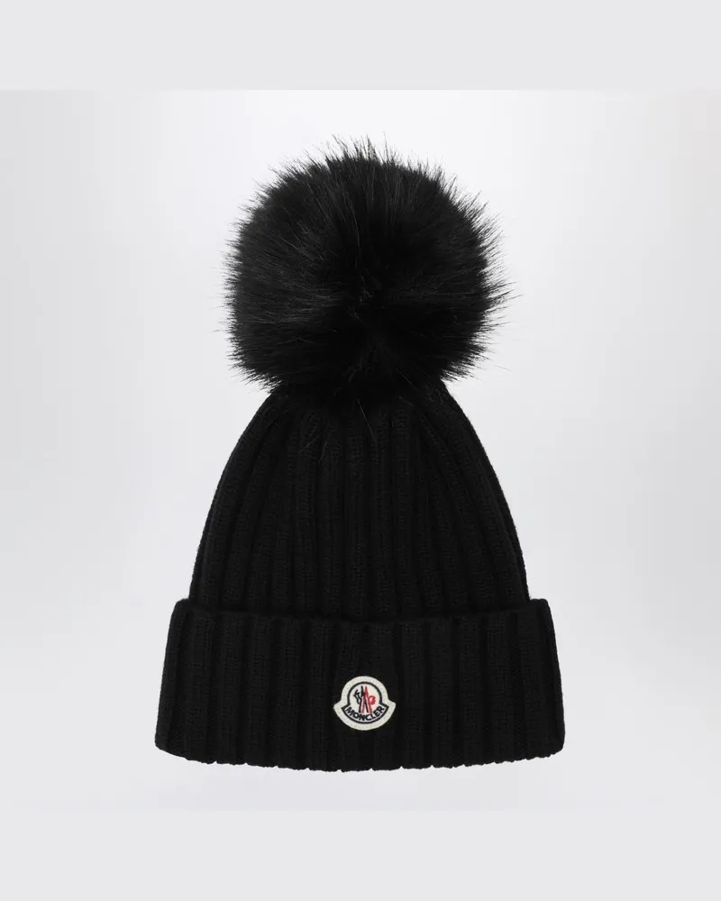Moncler Schwarze Wollmütze mit Bommel Schwarz