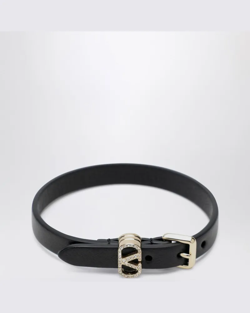 Valentino Garavani Ovalette Armband aus schwarzem Leder und Kristallen Schwarz