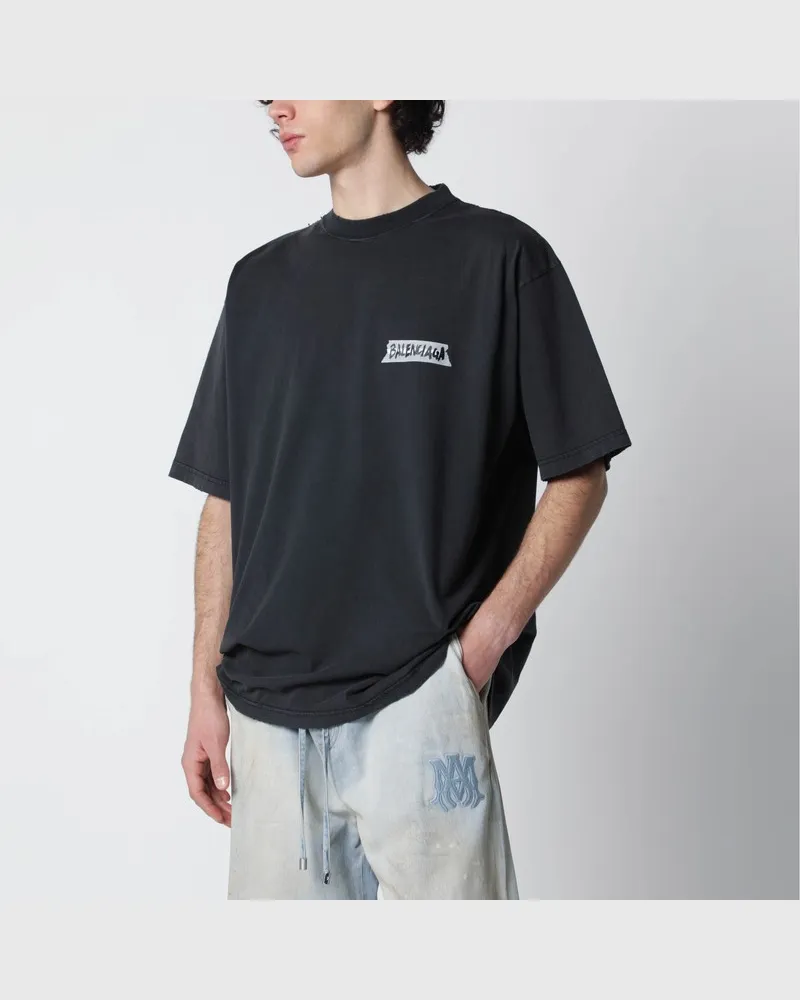 Balenciaga Schwarzes gewaschenes Masking-Tape T-Shirt mit mittlerer Passform Schwarz