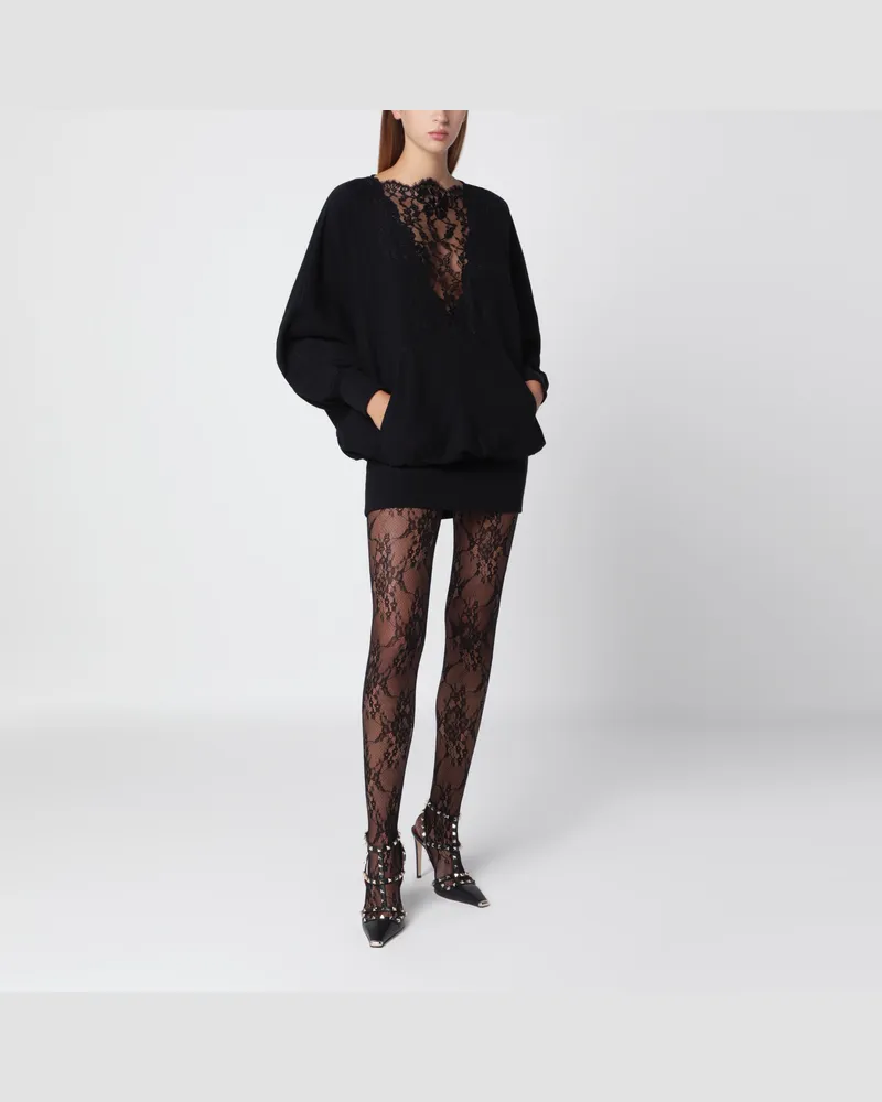 Valentino Garavani Black sweatshirt-style mini dress with lace inserts Black