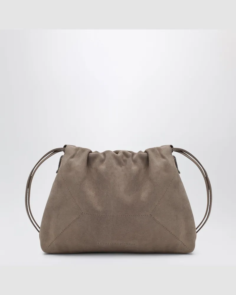 Brunello Cucinelli BC Duo Pouch Tasche braun aus Veloursleder mit Monile-Detail Beige