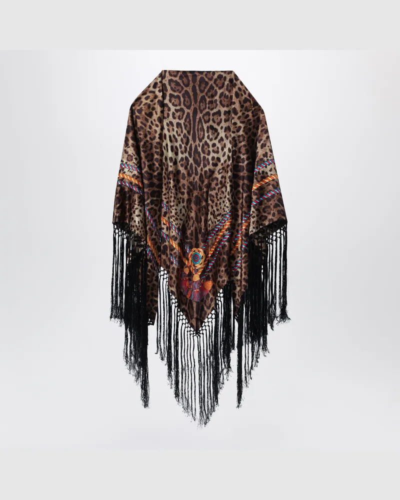 Dolce & Gabbana Seidenschal mit Leopardenmuster und Fransen Multicolor