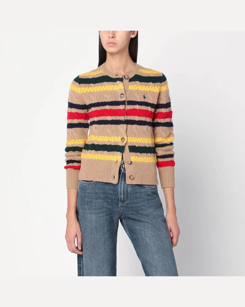 Ralph Lauren Beiger Cardigan mit bunten Zopfmusterstreifen Rosa