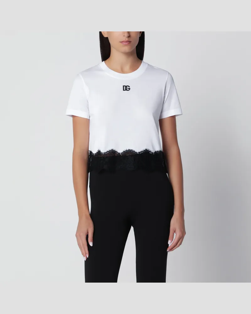 Dolce & Gabbana Weißes T-Shirt aus Baumwolljersey mit Spitze White