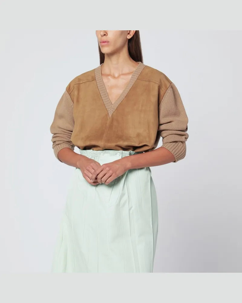 Prada Kamelhaarfarbener Woll- und Wildledersweater Braun