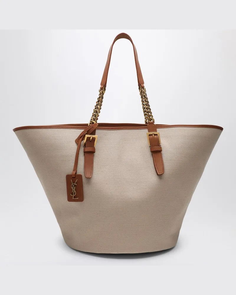 Saint Laurent Wüstenfarbene Schultertasche aus Canvas und Leder Braun