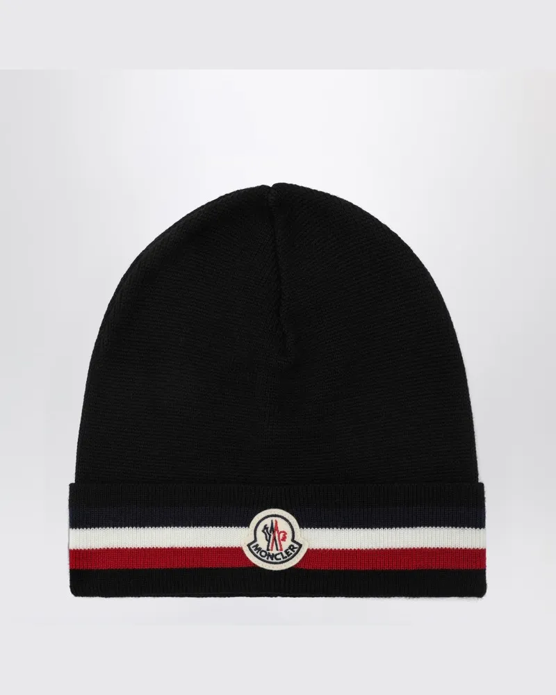Moncler Schwarze Wollmütze mit dreifarbiger Streifenborte Schwarz