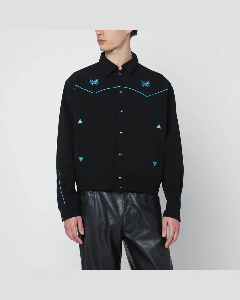 NEEDLES Schwarzes Hemd mit hellblauer Stickerei 