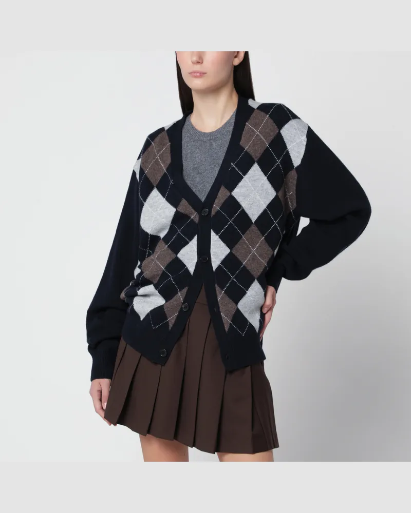 Dunst Navy blue wool cardigan with argyle pattern Blue