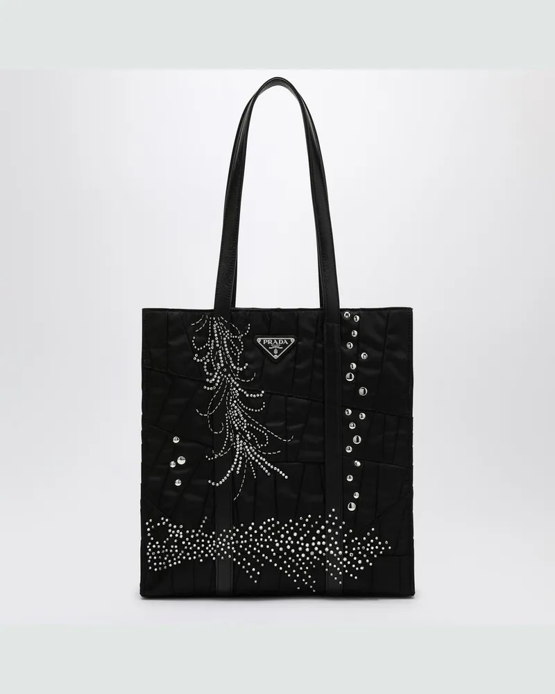 Prada Mittelgroße schwarze Shoppingbag aus Re-Nylon mit Stickerei Black