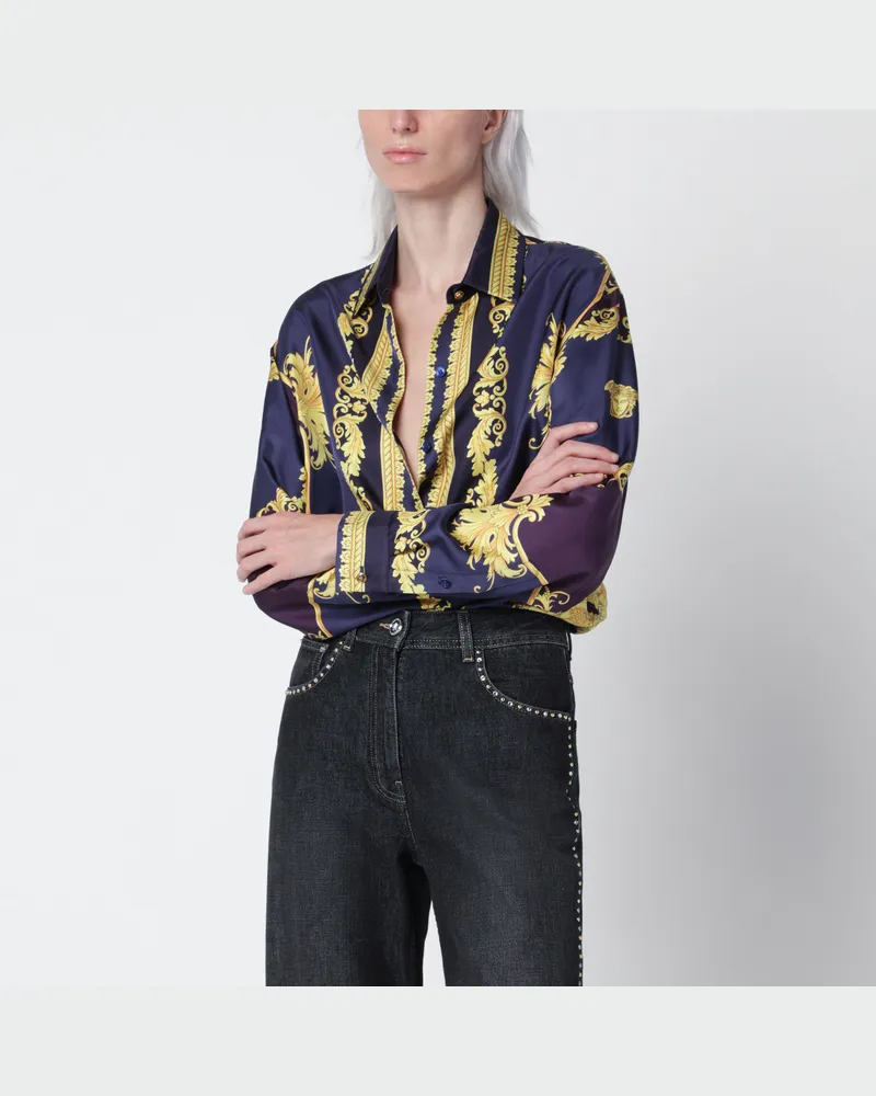 Versace New Barocco blaues Hemd aus Seidentwill Blue