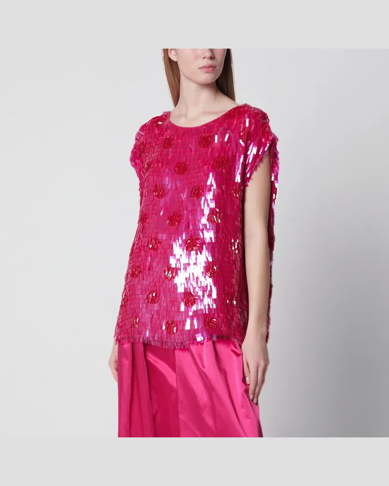 Dries van Noten Fuchsiafarbenes Seidentop mit Pailletten Pink