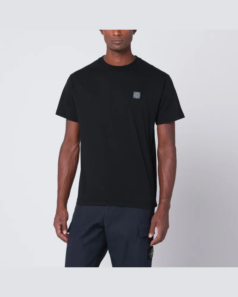 Stone Island Schwarzes T-Shirt aus Baumwolle mit Logopatch Schwarz