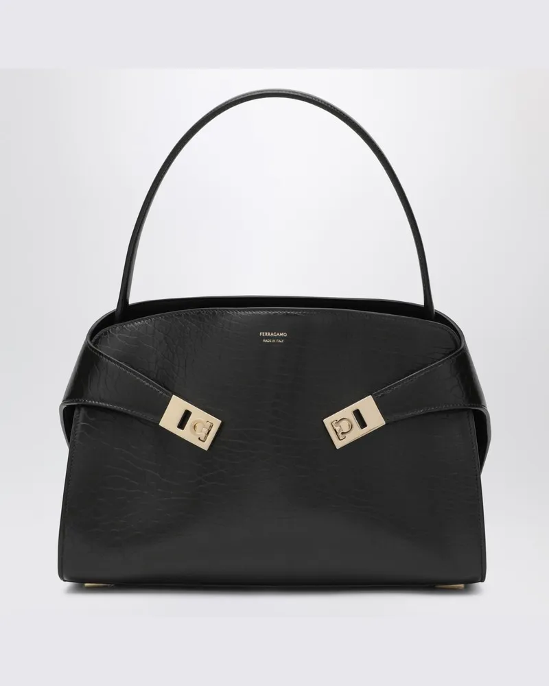 Ferragamo Schwarze Leder Hug M Handtasche Braun