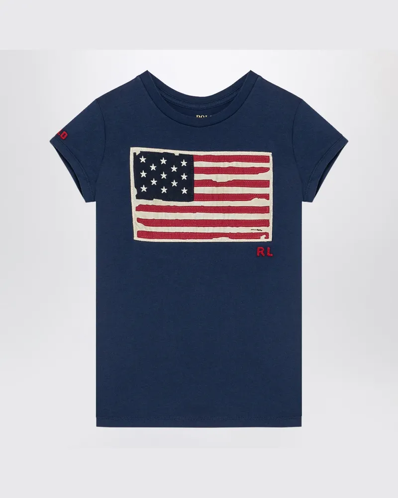 Ralph Lauren Marineblaues T-Shirt mit Rundhalsausschnitt aus Baumwolle mit Flaggenaufnäher Blue