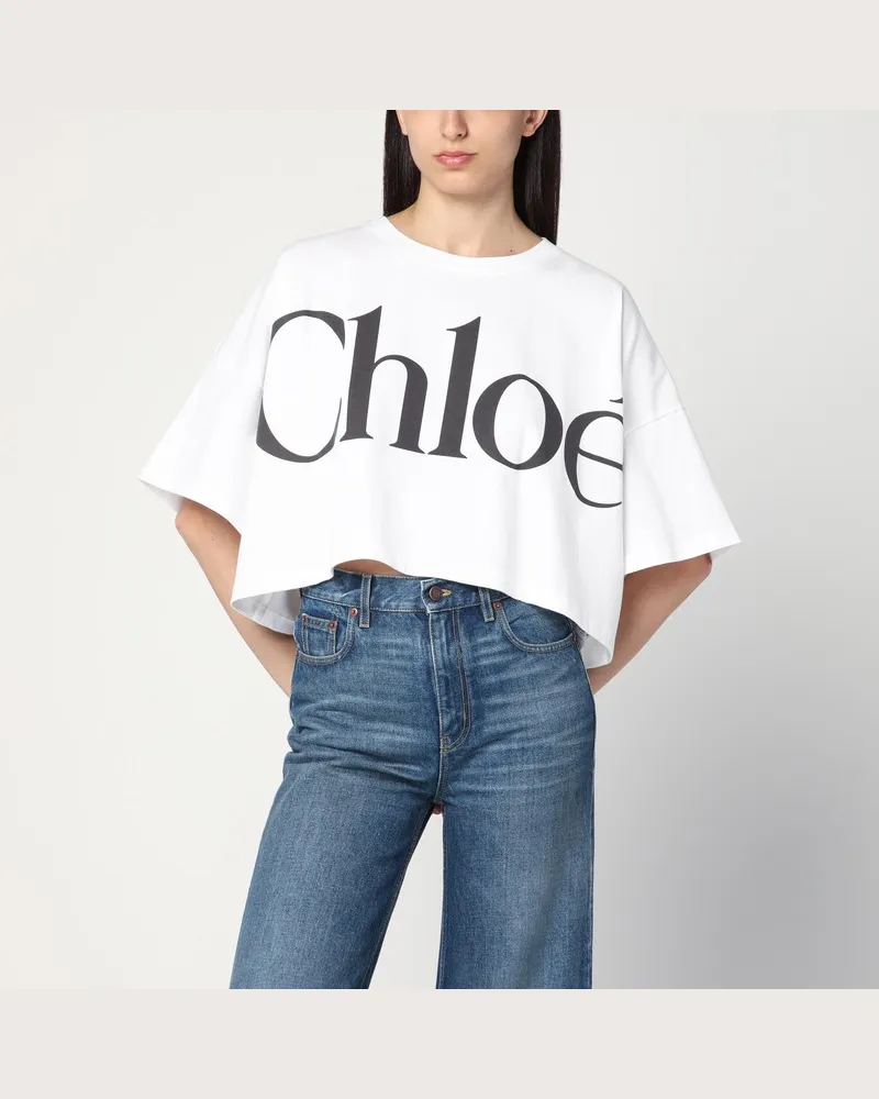 Chloé Weißes Boxy-T-Shirt mit Logodruck Weiß